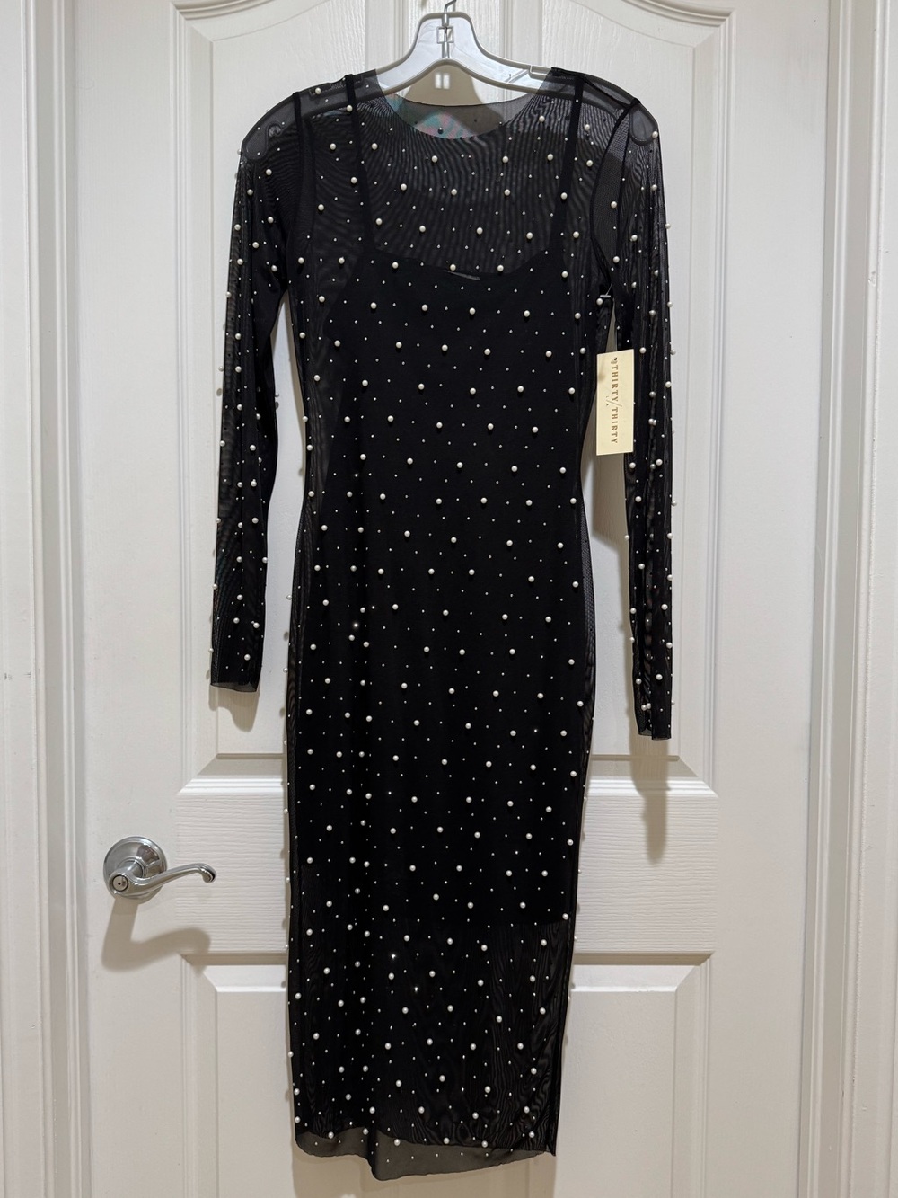 Elegant Black Pearl and rhinestone Studded Mesh Midi Dress Medium